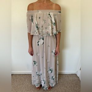 Show me your mumu, taupe floral off the shoulder maxi dress.